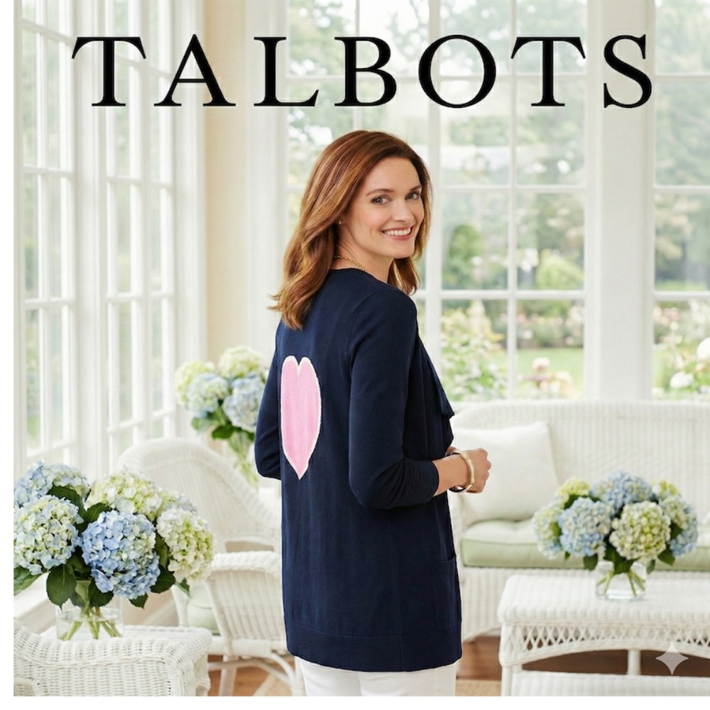 Talbots Open-Front Heart-Back Cardigan Rayon Cotton Navy Pink XL